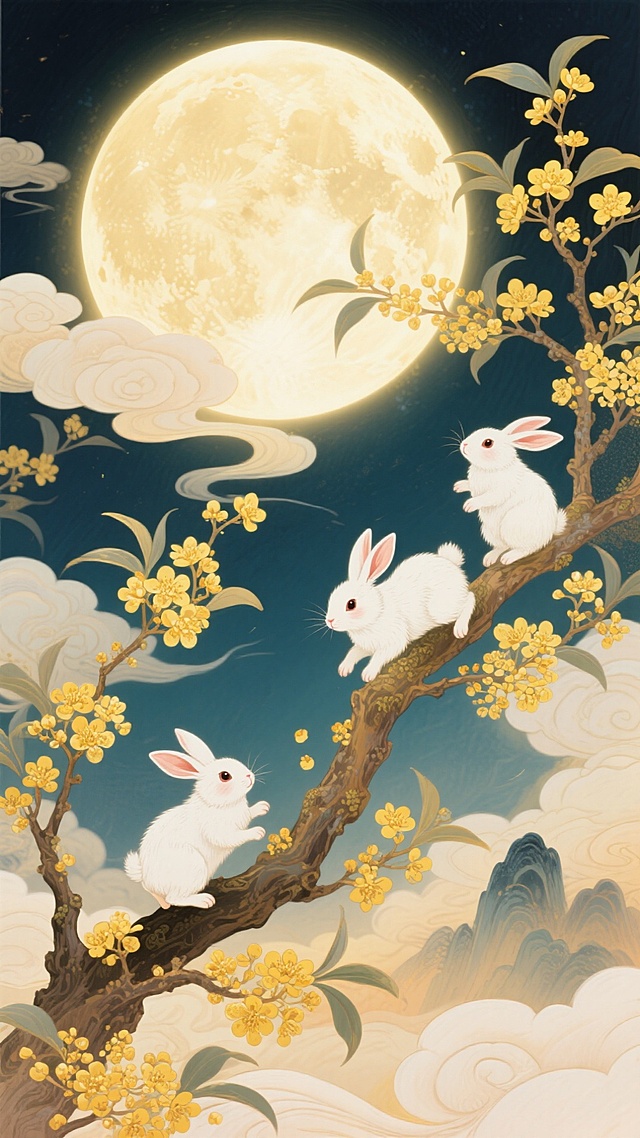 🌕圆月桂树间，三只萌兔开启暖萌中秋🐰