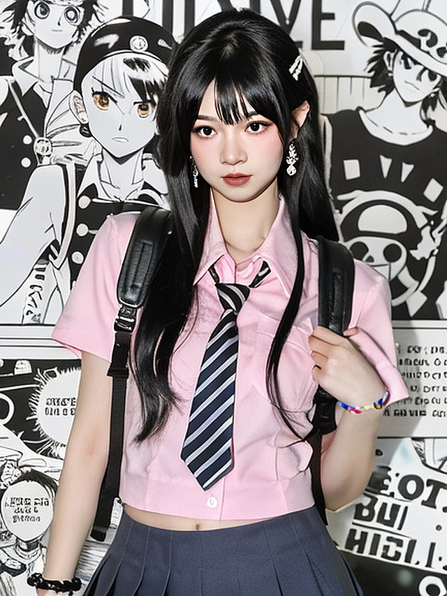 动漫风少女身穿粉色校服，搭配条纹领带与双肩包，背景为黑白漫画墙，融合可爱感与潮流感，呈现时尚印花风格。