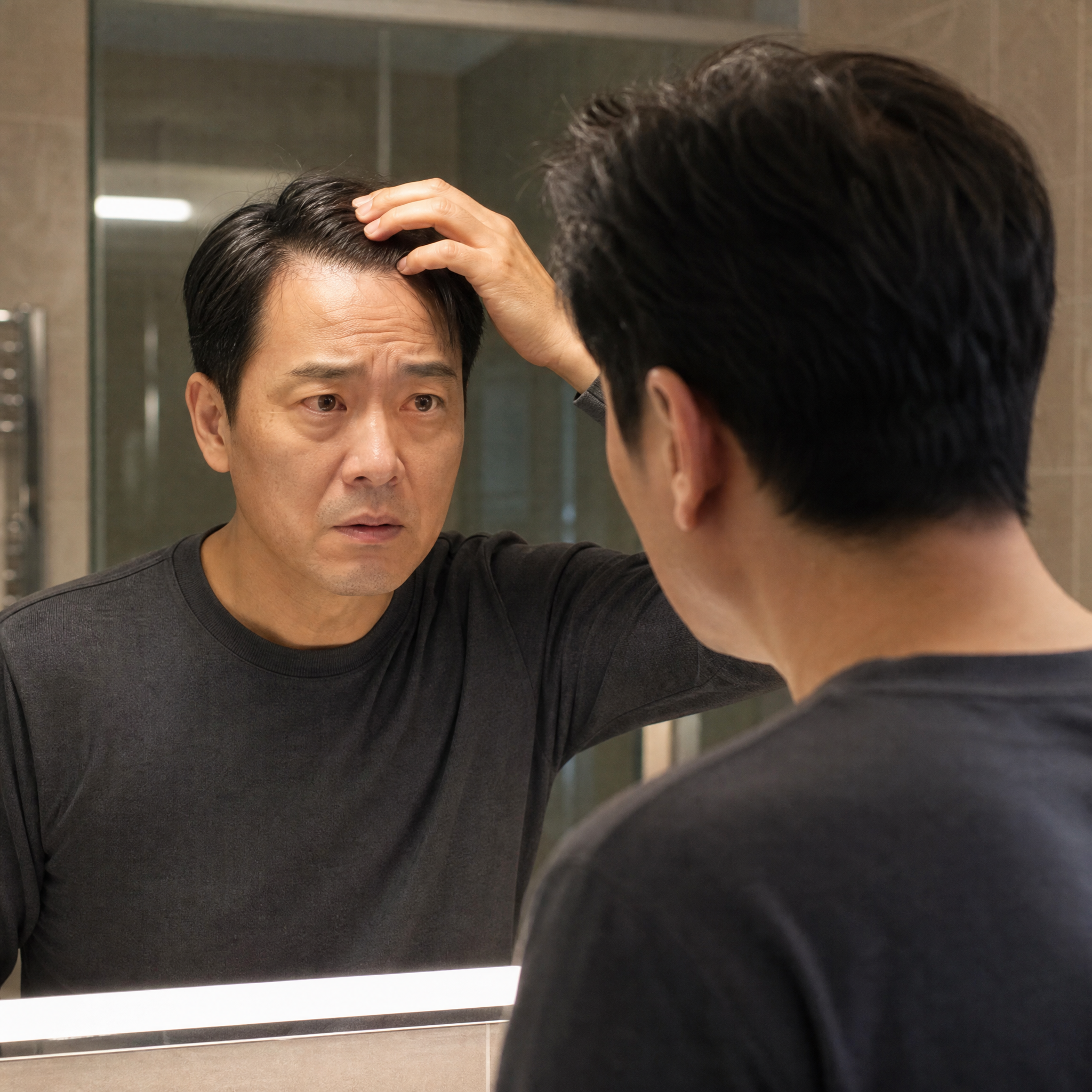 一个中年男人站在浴室镜子前，对着镜子摸着自己的头发，脸上带着担… - 图片创意预览