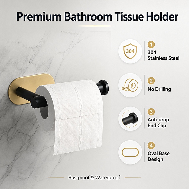 Core features infographic main image. Black and gold toilet paper holder as main subject on light gray gradient background. Left side shows the product mounted on a marble wall section with white toilet paper roll installed. Right side has 4 numbered feature icons vertically arranged, each with a small icon and short English text. Features: 1. "304 Stainless Steel" with metal shield icon, 2. "No Drilling" with adhesive tape icon, 3. "Anti-drop End Cap" with roll stopper icon, 4. "Oval Base Design" with oval shape icon. Top of image has bold English title "Premium Bathroom Tissue Holder". Bottom has smaller text "Rustproof & Waterproof". Keep product appearance (oval brushed gold base, matte black bar, raised end cap) exactly consistent with input product image. Clean modern infographic style, commercial render quality, balanced composition. 1:1 square ratio. Negative: deformed, Chinese text, blurry, watermark, cluttered.