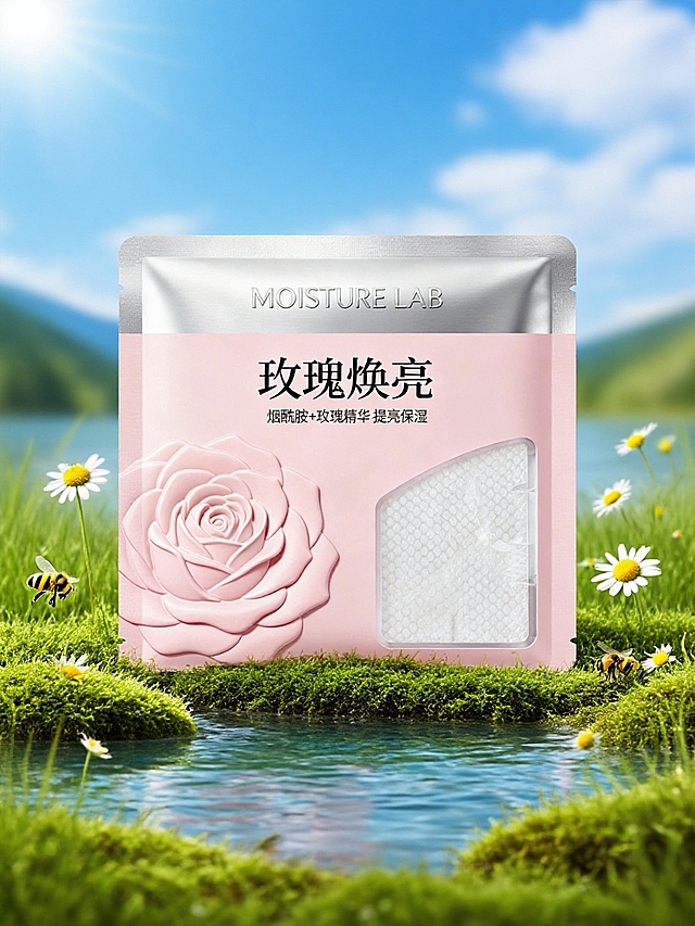 室外静物摄影。前景是清澈河面，主体放在长满苔藓的绿色草地上，两边少许洋甘菊和蜜蜂点缀，背景蓝天白云，远处可以看到模糊的山脉。营造出清新、自然的氛围。柔和自然的光影。