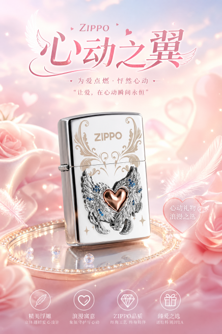 产品展示海报，展示ZIPPO心动之翼爱心翅膀打火机，标题“心动之翼”，浪漫爱情风格，梦幻柔和氛围，调整整体氛围更甜蜜浪漫预览效果