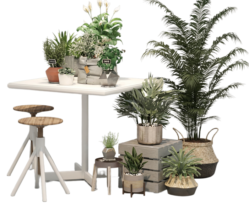 生成一张高清图片，内容是简约款小四方桌搭配两张同款式椅子，场景为盆栽展示，桌子上和桌子旁边地面巧妙布置多种盆栽，布局与参考图一致，整体简约清新，画质超清预览效果