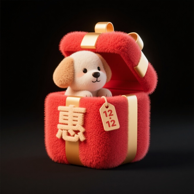 画面中心为一个可爱礼盒写着“惠”，礼盒被一只可爱小狗打开顶盖，“12·12”标签挂在礼盒上，红金多巴胺配色，纯黑色背景。预览效果