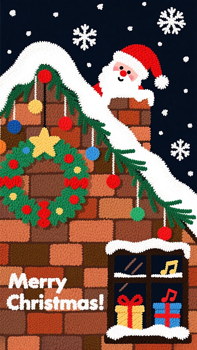 深墨色夜空缀雪花与星星，斜向视角展示积雪覆盖的砖砌屋顶，圣诞老人身着红白衣帽（毛绒质感），从砖砌烟囱探出身。屋顶装饰绿松枝圣诞花环（配红装饰）、彩色球、星星挂饰，窗户内可见包装好的礼物与音乐符号。左下角设白色 “Merry Christmas!” ；色彩以红、绿、棕等暖色调为主，冷色夜空作衬托，氛围温馨治愈