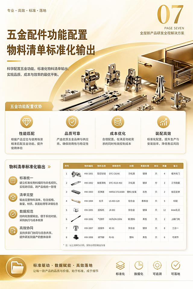 新品生产工艺标准（核心：标准化、易生产、低损耗、零返工）
基础生产工艺统一标准
适配中小工厂常规生产设备，制定全流程标准化工艺参数，无需高端精密设备，普通工人即可规范操作。统一开料公差、PUR/激光封边、打孔精度、拼接缝隙、收口打磨、拼装调平、隐形件、免拉手、拉直器等核心工艺规范，杜绝人工操作差异导致的质量问题。
套系专属工艺与禁忌规范
各套系匹配专属特色工艺：奶油风圆弧倒角、原木风哑光免漆、轻奢金属嵌条、极简无拉手工艺等，塑造产品差异化。明确各套系工艺禁忌、易错工序、异形生产限制，从源头规避产品报废、安装返工问题，适配工厂工艺能力。
质检与验收工艺标准
落地全套生产工艺手册、工序质检表、成品验收标准、安装规范，实现生产、质检、安装全环节标准化管控，大幅降低售后故障率。

延续前8P版面风格，参考图片中的文字内容，生成一套宣传画册。画册版面时尚、大气；画册的背景、插图均采用现代风格的家居、软装或空间设计元素。
画册规格：W20cm×H30cm；
版面色调：金黄色；
画册页数：5P