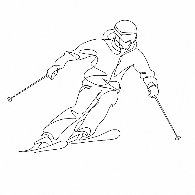 抽象线条高度概括风格年轻男性滑雪者，修长人物比例，极简线条艺术，大透视角度，强烈视觉张力，滑雪穿搭，身穿滑雪服，头戴头盔护目镜，脚踩滑雪板，滑雪动态姿势，用极少的流畅线条高度概括人物形态，白色背景，纯线条艺术无填充，矢量风格，概括细节，现代简约艺术感，全身像