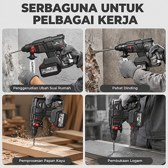 [Main Image 4] Multi-scenario Application Display Page
[Atmosphere Style] Practical scene style, real work atmosphere
[Image Quality] Commercial photography texture, soft and transparent light, clear and real product, clean and advanced picture
[Elements] The top is the large main title in Malay, and the bottom is 4-square grid to display different applicable scenarios: upper left for home renovation drilling, upper right for wall chiseling, lower left for wooden board processing, lower right for metal opening. The hammer drill is shown in normal use in each scenario. The product still maintains the same appearance, structure and color as the original image. Each grid is matched with a short Malay scene label. Overall layout is full, the information is clear.
[Lighting] Each scenario uses natural soft light, the product is clearly visible, the light is unified, and there is no large area of dark shadow.
[Color Matching] Main background light gray, each scenario naturally transitions, product color remains unchanged, text color has strong contrast
[Perspective Composition] Top title bottom 4-grid layout, uniform grid size, neat arrangement
[Text Layout] Large top title, bold larger font, each grid has a small label at the bottom, small font, does not block the product. All visible text uses Malay.
[Output Requirements] 1:1 ratio, clear and legible text, super high-definition commercial photography texture
[Negative Prompt] Deformation, garbled text, blurred product image, cluttered background, watermark, e-commerce platform logo, Chinese characters