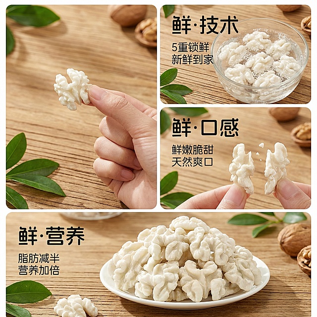 参考这张图片，生成一张类似的核桃仁产品优势宣传图，换一个真实且风格不同的全新背景，不要和原图背景相似，去掉左上角的产品包装袋，保留所有剩余文案内容、分块排版结构、产品展示和核桃仁形态，核桃仁保持奶白色，整体尺寸750x750