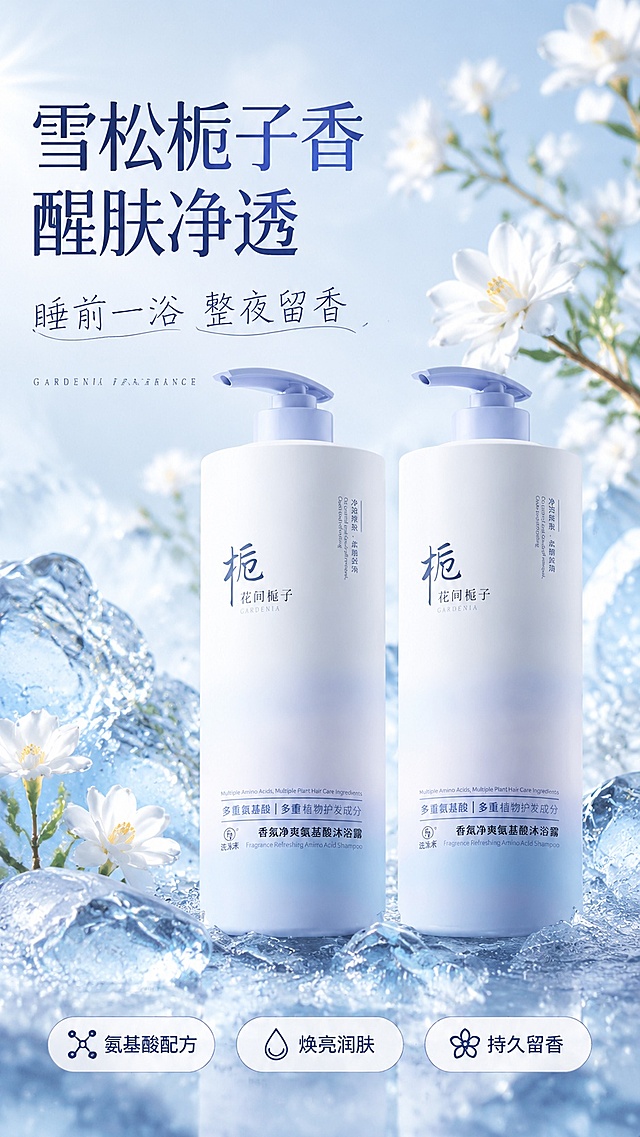 [第1屏] 花间栀子香氛沐浴露详情页头图，产品海报型设计，本屏使用【图1】作为商品主体。
[氛围/风格] 清新干净治愈风，浅蓝冰感背景，栀子花朵点缀，商业摄影质感，高级氛围感。
[元素布局] 两瓶沐浴露主体放置画面中下部，占屏比例约 65%；左上留主标题区域，背景加入冰块和栀子花枝作为分层元素，产品瓶身结构、包装文字、颜色与输入产品图完全保持一致。
[光影质感] 顶部柔光打亮产品主体，瓶身自然高光，下方淡阴影衬托立体感，整体画面干净通透。
[配色色系] 全局底色 #F0F8FF，主色纯净浅蓝，辅助色栀子白色、深蓝文字。
[视角构图] 正面平视，产品为视觉中心，阅读动线左上标题 → 中部产品 → 底部信息。
[文字版式] 主标题「雪松栀子香 醒肤净透」放在左上，副标题「睡前一浴 整夜留香」；主标题加粗深蓝字体，副标题浅灰手写体；底部三个胶囊信息图标，分别标注「氨基酸配方」「焕亮润肤」「持久留香」，文字清晰不遮挡产品主体。
[比例分辨率] 9:16 竖版比例，4K分辨率，文字清晰可辨，高清画质。
[负向提示词] 产品变形，缺件错件，包装文字错乱，颜色偏差，文字过小，水印，背景杂乱，构图拥挤