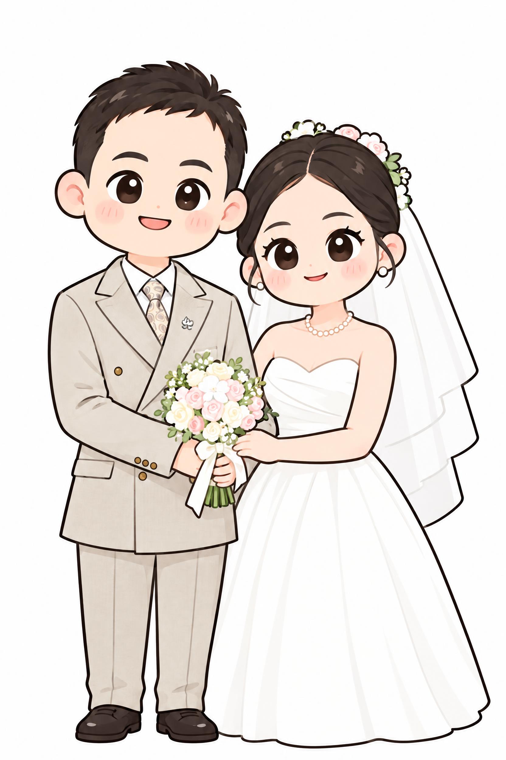 将这张婚纱照转换为可爱简约线条风格，Q版可爱人物比例，圆润的面… - 图片创意预览