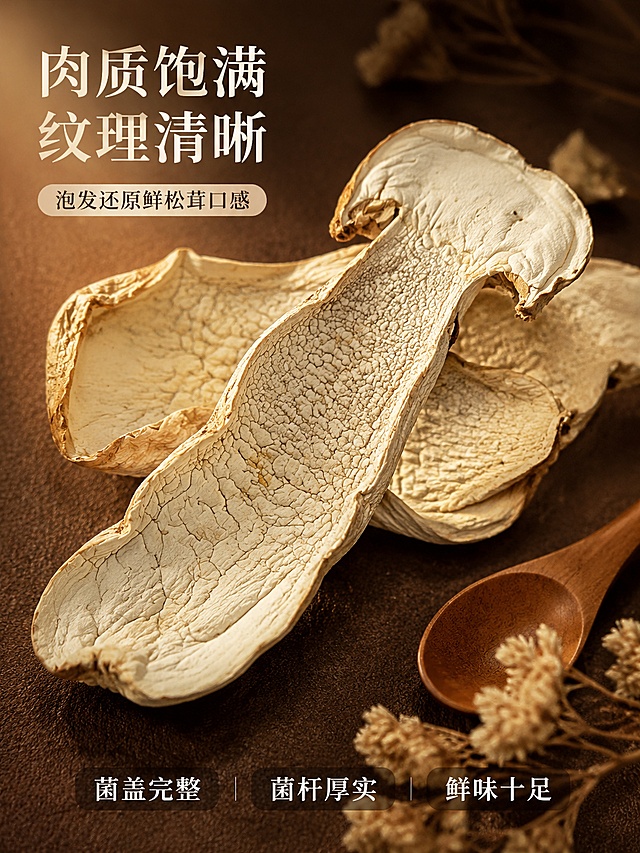 [第3屏] 质地特写屏-干松茸肉质饱满纹理清晰。本屏使用【图1】作为微距主体，保留松茸片纹理、颜色、形态细节。
[氛围/风格] 极致微距质感+食材高级感，商业美食摄影风格，突出菌菇纹理层次。
[元素布局] 画面中央放大展示2-3片干松茸片（来自图1），占比约70%，松茸片叠放错落，干裂纹理、菌盖菌杆结构清晰可见；背景为深棕色哑光台面，虚化处理；左上角有柔和自然光射入，右下角配木质小勺和干花点缀；底部加文字说明区。松茸片米白底色、棕褐色边缘、龟裂纹理与输入图完全一致。
[光影质感] 侧上方硬柔光结合，突出松茸表面凹凸纹理的立体感，阴影层次丰富，质感干爽酥脆。
[配色色系] 全局底色 #8B6F47（深棕暖调）；主色米白+浅棕；辅助色深棕背景、金色高光。
[视角构图] 俯视微距特写，松茸片占据画面中心，阅读动线顶部标题→中央产品特写→底部卖点文字。
[文字版式] 左上主标题「肉质饱满 纹理清晰」，温润宋体，米白色；副标题「泡发还原鲜松茸口感」，圆角黑体，浅米色；底部右侧三个短句卖点：「菌盖完整」「菌杆厚实」「鲜味十足」，白色字配半透明深棕底条。文字不遮挡松茸主体纹理。
[比例分辨率] 3:4 竖版比例，4K分辨率，文字清晰可辨，高清画质。
[负向提示词] 变形，水印，文字错乱，文字过小，颜色偏差，纹理模糊，松茸形态失真，背景杂乱。