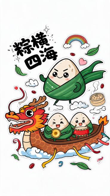 整体为粗黑轮廓线描 + 高饱和平涂配色的 Q 版卡通涂鸦风，粽子拟人化设计，圆润软萌体态、夸张大眼睛与丰富面部神态；搭配端午谐音趣味手写黑体字，字形随性圆润带飞溅装饰笔触。角色动作活泼夸张，蹦跳、耍帅预览效果