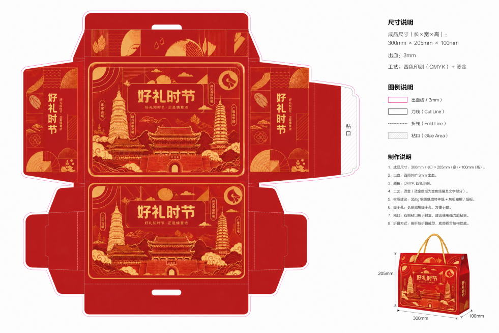 调整礼品包装盒平面刀版图的尺寸，改为成品尺寸300mmx205mmx100mm（长x宽x高），保留3mm出血线，保持原红色几何烫金风格和河北正定古城名胜图案，保留"好礼时节"主标题文案，保持四色印刷烫预览效果