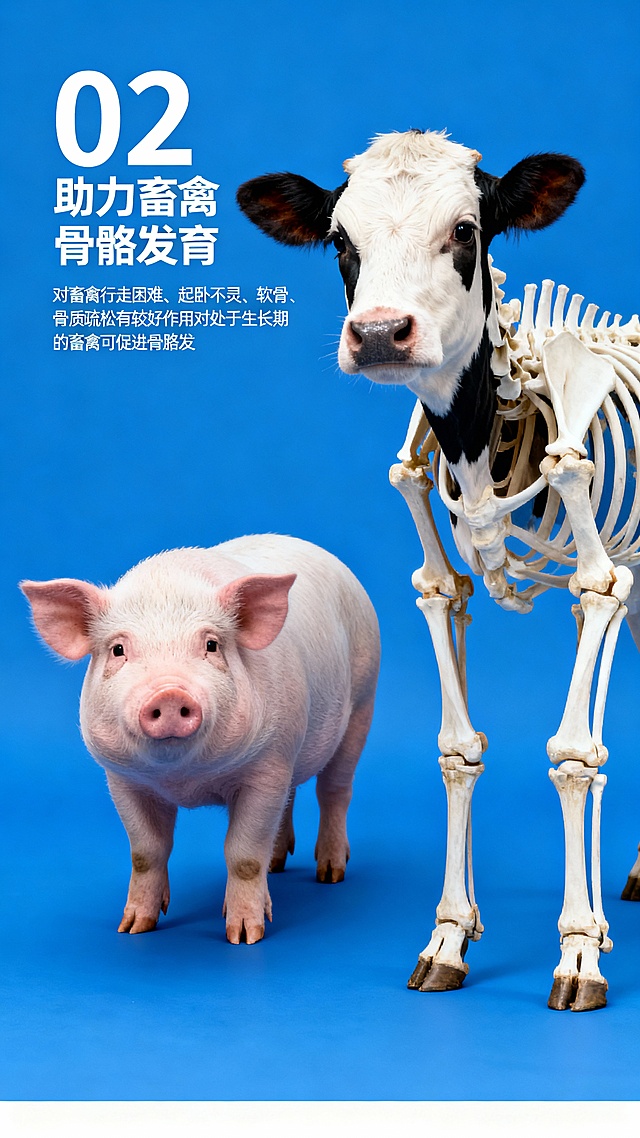 02（靠左）
助力畜禽
骨骼发育

（小小字写）对畜禽行走困难、起卧不灵、软骨、骨质疏松有较好作用对处于生长期的畜禽可促进骨胳发育，拉大动物骨架
这里配一张跟文案搭配的图案，动物的图案。
做2张750*1300的图片，背景用纯色