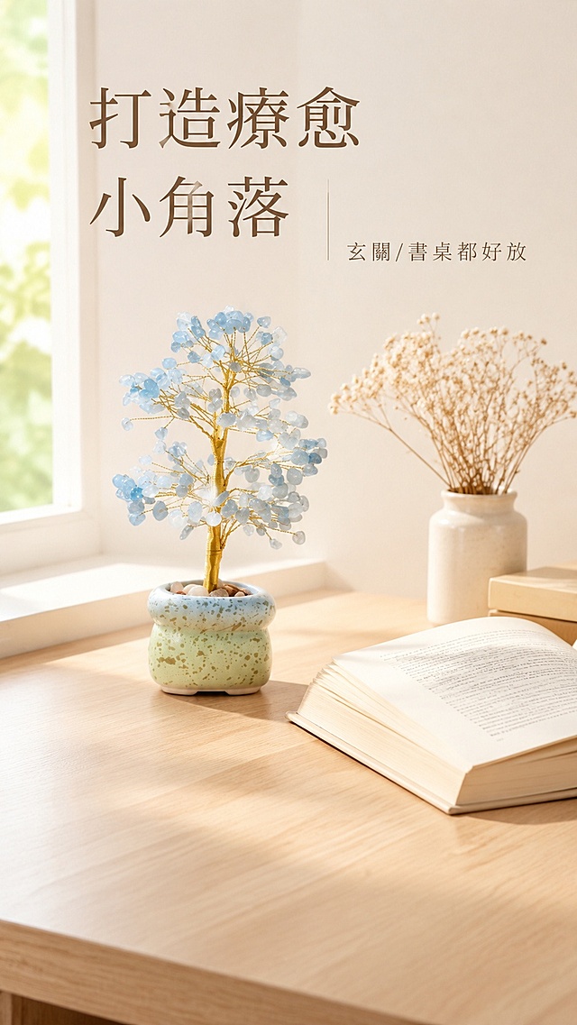 [第2屏] 场景种草图-水晶发财树家居场景展示。本屏使用【图1】作为商品主体。
[氛围/风格] 温馨自然家居风，柔和自然光，真实生活场景氛围感，商业摄影质感。
[元素布局] 将水晶发财树摆放在浅原木色书桌左上角，旁边搭配一本打开的书本和一小株干花装饰，桌面留白舒适；产品结构和外观与原图保持一致，突出小巧精致适配桌面摆放的特点。
[光影质感] 左侧窗边自然光漫射，整体光线柔和均匀，产品表面光影自然，突出水晶通透质感。
[配色色系] 全局底色 #F5F1E9；主色原木浅棕，辅助色水晶浅蓝，点缀干花米白。
[视角构图] 45度斜侧视角，展示产品摆放场景，景深适中，突出产品主体位置。
[文字版式] 左上方大标题「打造療愈小角落」，右侧副标题「玄關/書桌都好放」，繁体中文排版，文字区域不遮挡产品主体，字体简约柔和。
[比例分辨率] 9:16 竖版比例，4K分辨率，文字清晰可辨，高清画质。
[负向提示词] 产品变形，颜色偏差，结构错误，文字错乱，背景杂乱，水印