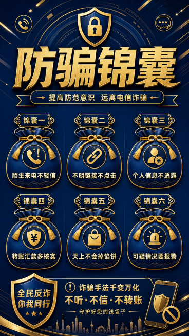 反诈骗宣传海报，整体饱满无空白，深蓝背景配金色线条，主标题'防骗锦囊'，每个锦囊列出一句简短防骗提示，干净设计预览效果