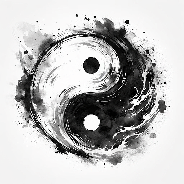 参考原图的水墨太极风格，重新生成画面内容，移除右下角的水印，保持黑白水墨泼墨八卦太极的整体构图和艺术风格不变