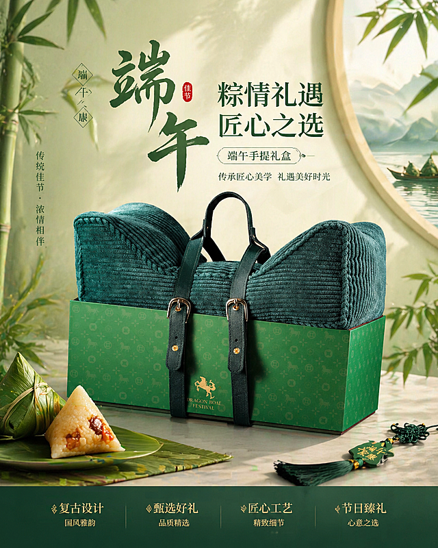 生成一张端午礼盒商品海报，保留图中这款墨绿色复古风格的端午手提礼盒，突出礼盒设计，整体风格清新雅致，适配端午节日氛围，适合商业宣传使用