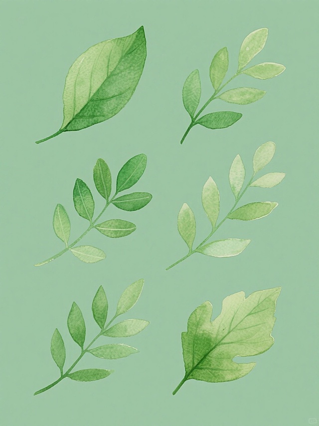 一系列6个规整排布的绿色系树叶元素集合，每个元素均保持统一的清新水彩风格，纯色背景，叶片具有自然的形态变化和轻盈的飘落姿态，整体色彩协调统一，每个元素在保持叶片这一核心内容的基础上呈现完全不同的造型与角度，集合整体构图平衡且具有视觉美感