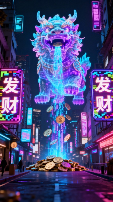 赛博朋克风格的未来城市，霓虹灯牌上是“发财”的汉字，巨大的全息投影貔貅在吞吐着数字货币流，充满霓虹光和故障艺术效果，3D渲染。整体感觉炫酷，科技感十足。预览效果