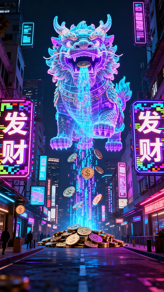 赛博朋克风格的未来城市，霓虹灯牌上是“发财”的汉字，巨大的全息投影貔貅在吞吐着数字货币流，充满霓虹光和故障艺术效果，3D渲染。整体感觉炫酷，科技感十足。