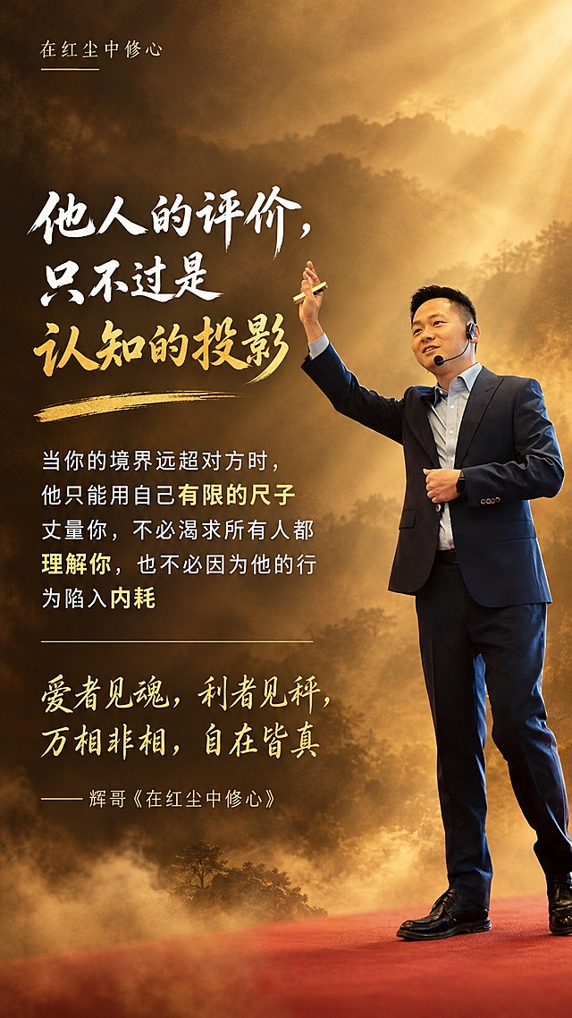 个人IP金句海报，竖版9:16，禅意智慧的暖棕金色调，通透有深度。人物必须完全保留原图中的真实样貌，100%还原本人形象，只更换背景和添加文字，人物面部和身体不得有任何重绘和变形。画面右侧是穿深色西装的亚洲男性讲师半身像，人物完全保留原图样貌，清晰真实，有智慧气场。背景替换为温暖的暖金色渐变，有淡淡的光束和云雾意境，暖棕金调，通透有智慧有层次感，四周轻微暗角，电影质感。文字排版：左上角有栏目名「在红尘中修心」。画面左侧及中部为文字区域，采用三段递进式排版，层层深入有哲理。第一段主金句：「他人的评价，只不过是认知的投影」，书法大字，「认知的投影」金色高亮，开门见山有哲理。第一段下方有金色笔刷横线分隔。第二段解释说明：「当你的境界远超对方时，他只能用自己有限的尺子丈量你，不必渴求所有人都理解你，也不必因为他的行为陷入内耗」，白色字体，「有限的尺子」「理解你」「内耗」金色高亮。第二段下方有细横线分隔。第三段收尾金句，更有禅意：「爱者见魂，利者见秤，万相非相，自在皆真」，手写体风格，金色调，对仗工整，禅意十足。底部署名：「——辉哥《在红尘中修心》」。整体氛围有智慧、有哲理、有禅意，暖棕金色调。人物必须与原图一模一样，不得改变样貌。严格按照用户提供的原文排版，不新增任何额外内容，所有句子必须完整呈现。画面中必须完整且仅呈现以下文字信息：他人的评价，只不过是认知的投影。当你的境界远超对方时，他只能用自己有限的尺子丈量你，不必渴求所有人都理解你，也不必因为他的行为陷入内耗。爱者见魂，利者见秤，万相非相，自在皆真。——辉哥《在红尘中修心》。在红尘中修心。