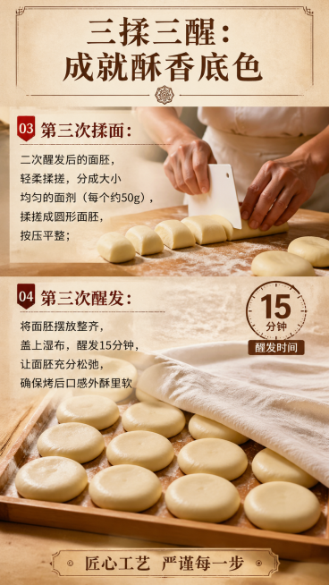 9:16竖版H5工序页，主标题："三揉三醒：成就酥香底色"，正文内容："第三次揉面：二次醒发后的面胚，轻柔揉搓，分成大小均匀的面剂（每个约50g），揉搓成圆形面胚，按压平整；第三次醒发：将面胚摆放整齐预览效果