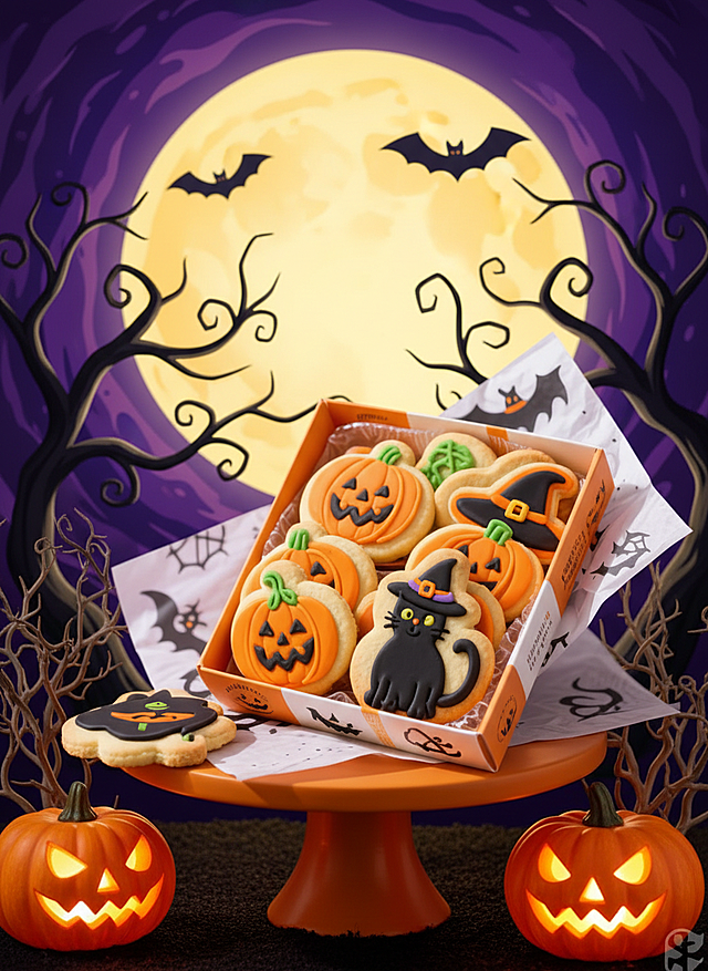 主体放在橙色展台上，前景点缀南瓜灯，两边搭配枯树枝；背景紫色，点缀插画（圆月、枯枝、蝙蝠），万圣节氛围