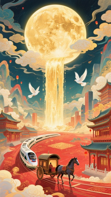 月光如金色的瀑布从圆月（占满画面2/3）上倾泻到底部的全景大地上（马车、动车分别行驶在古建筑和城市间），画面带有发光效果，白鸽飞过，整体画面充斥着华丽的金色和喜庆的红色，奇幻色彩和光影变化，具有丰富的预览效果