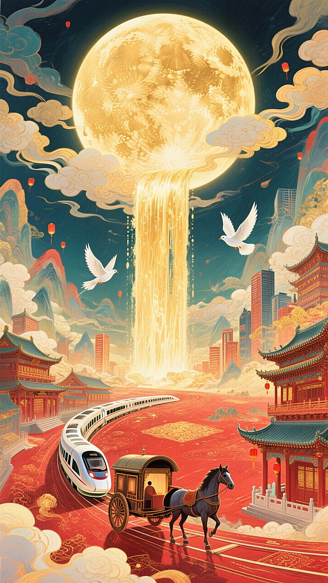 月光如金色的瀑布从圆月（占满画面2/3）上倾泻到底部的全景大地上（马车、动车分别行驶在古建筑和城市间），画面带有发光效果，白鸽飞过，整体画面充斥着华丽的金色和喜庆的红色，奇幻色彩和光影变化，具有丰富的层次感和立体感，体现繁荣昌盛喜庆氛围，梦幻的大透视