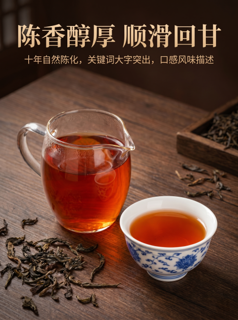 详情第七屏，口感风味描述，陈香醇厚，顺滑回甘，十年自然陈化，关键词大字突出，搭配茶汤场景，大标题「陈香醇厚 顺滑回甘」，商务轻奢风格，拼多多直白风格，3:4竖版，暖调，排版简洁，文字清晰，不遮挡主体，预览效果
