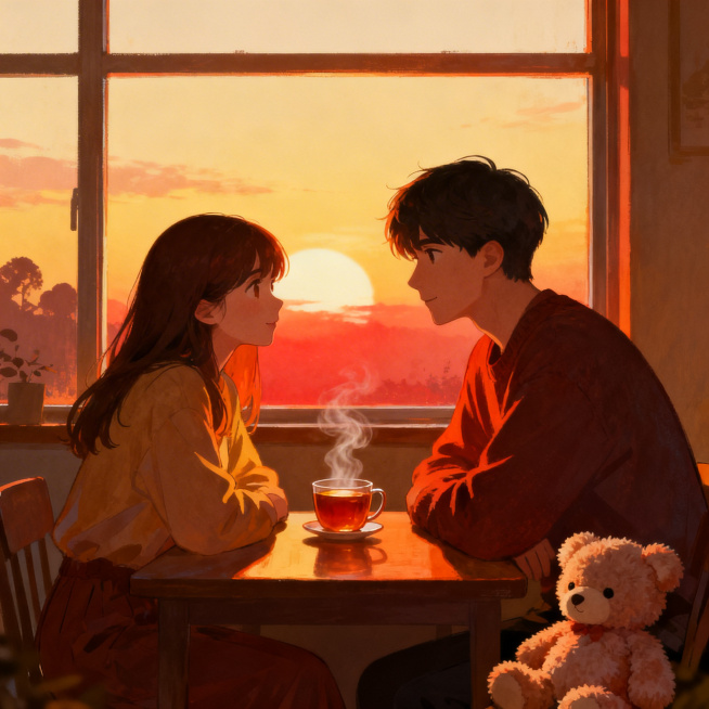 温暖治愈系画面，一男一女温柔对视，桌上放着一杯冒着热气的茶，窗边是夕阳下的柔和剪影，角落放着柔软的毛绒玩具，氛围安静温暖，满是被理解的治愈感预览效果