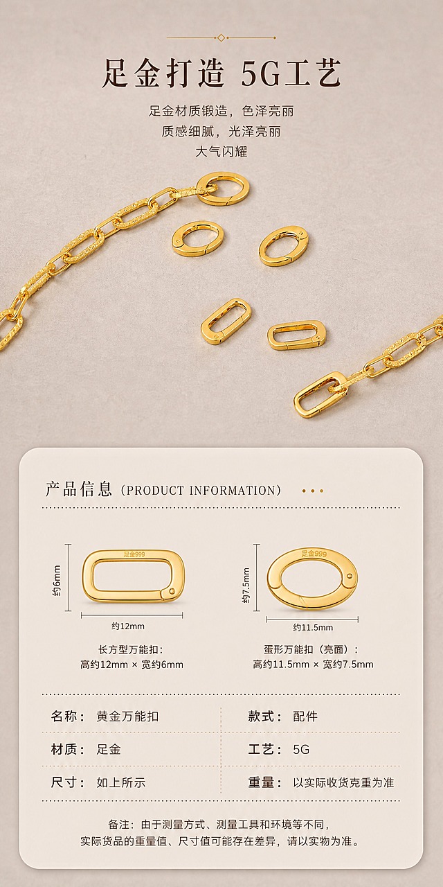 [商品] 使用【图1】多款黄金万能扣+两条链条全景图；保留所有扣的造型、尺寸比例、孔径、厚度、足金钢印、亮面肌理，链条纹理完整保留，严格还原足金原色，不改变任何结构形态。
[画面] 页面目标：足金材质卖点 + 产品信息参数表，建立品质信任与决策依据。构图：上下分两部分，上半部分为材质卖点，图1居中放大展示，占画面40%，下方居中配卖点文字；下半部分为产品信息模块，浅米色圆角卡片承载，顶部两款扣尺寸标注图（从图4提取正面角度），下方两列参数表。背景：暖灰米色细腻肌理，全套统一。
[视觉] 套系策略：风格=轻奢珠宝商业摄影风；标题字=优雅衬线体（宋体类）；正文字=简洁无衬线体；主色=暖灰米色；背景延展=基于暖灰米色做深浅层级、细腻纸张/肌理质感；强调色=足金色，仅用于小面积装饰和分隔点；标题色=深棕色#5C3A1E；正文色=中暖棕色；组件=浅米色圆角信息卡、尺寸标注线、虚线分隔、点状分隔符；光影=左前侧45°暖柔光，柔和漫反射，阴影边缘虚化，突出黄金温润质感，禁止过曝高光、禁止死黑阴影。
[文字] 上半部分居中：小标题「足金打造 5G工艺」，正文「足金材质锻造，色泽亮丽 / 质感细腻，光泽亮丽 / 大气闪耀」。下半部分卡片内：标题「产品信息（PRODUCT INFORMATION）……」，尺寸标注文字「长方型万能扣：高约12mm × 宽约6mm / 蛋形万能扣（亮面）：高约11.5mm × 宽约7.5mm」，两列表格「名称：黄金万能扣 | 款式：配件 / 材质：足金 | 工艺：5G / 尺寸：如上所示 | 重量：以实际收货克重为准」，底部备注小字「备注：由于测量方式、测量工具和环境等不同，实际货品的重量值、尺寸值可能存在差异，请以实物为准。」文字均为横排，清晰可读。
[规格] 宽度850px，高度约1700px（约1:2），分辨率2K，负向提示：禁止产品变形、禁止改结构、禁止发白过曝、禁止死黑阴影、禁止冷蓝背景、禁止文字竖排、禁止遮挡产品、禁止水印、禁止极限词。