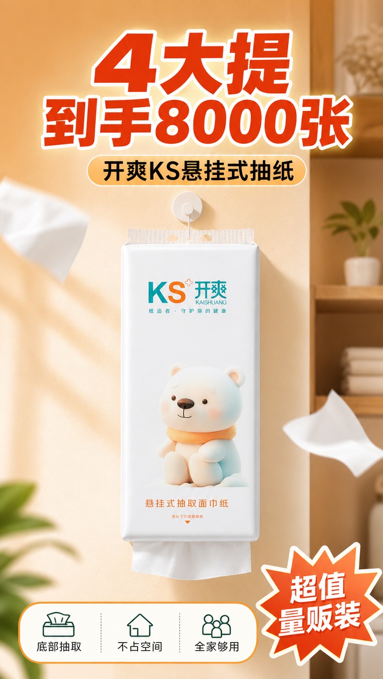 [商品] 使用【图1】开爽KS悬挂式抽取面巾纸；保留白色包装、… - 图片创意预览