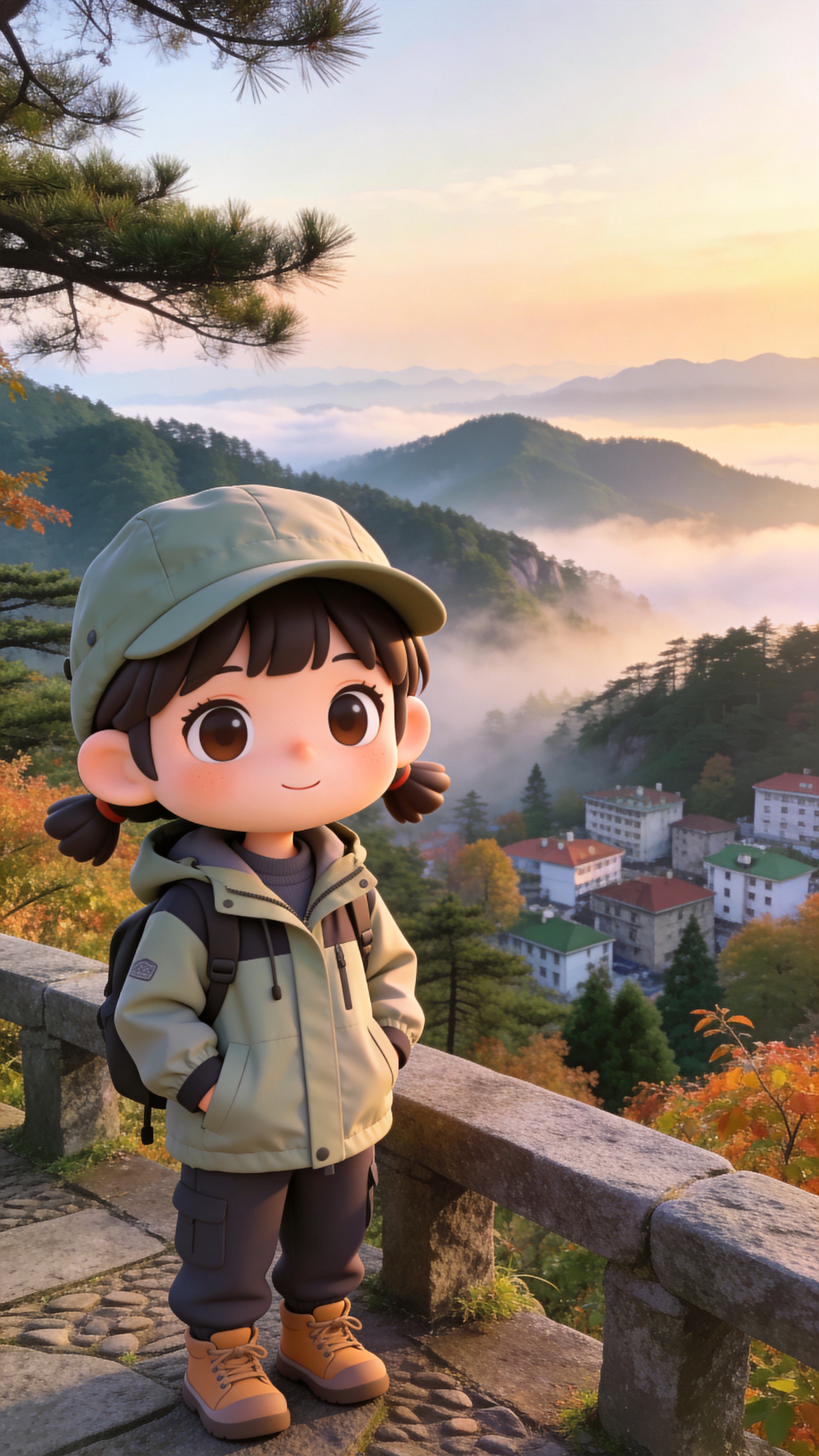 卡通风格可爱俏皮庐山牯岭镇清晨，山间云雾缭绕，1100米海拔秋… - 图片创意预览