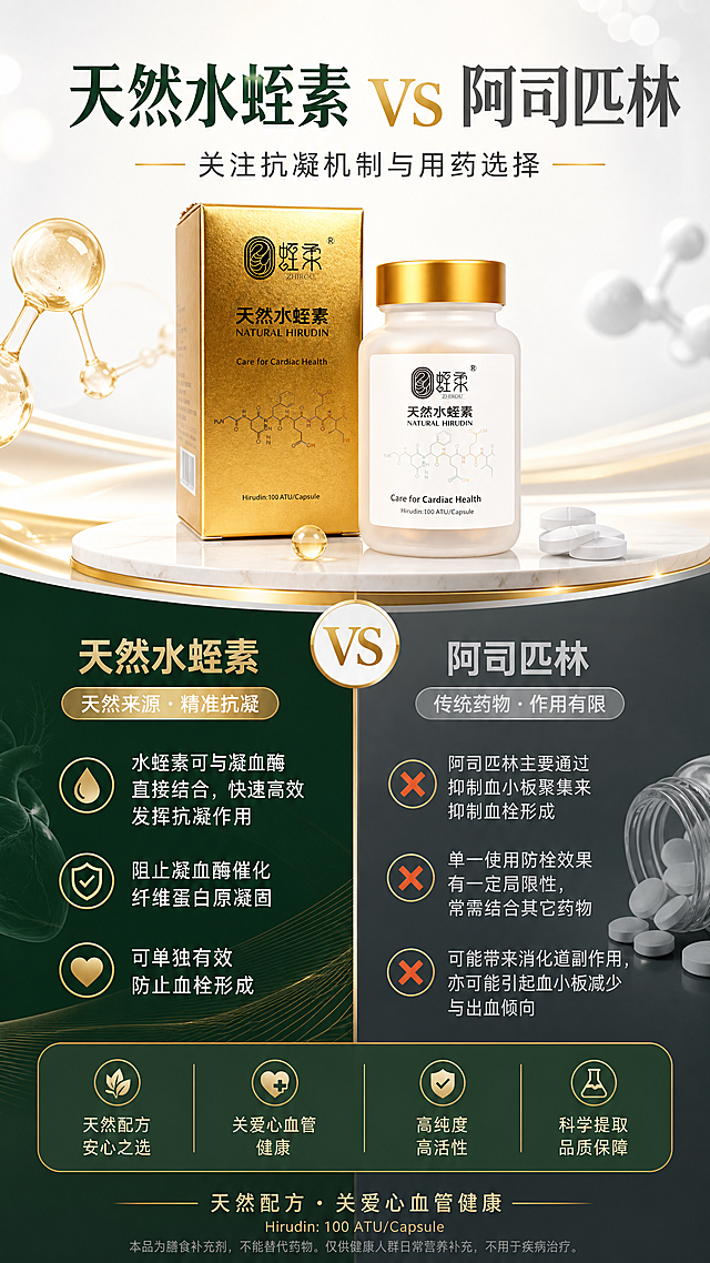 天然水蛭素对比阿司匹林海报，展示水蛭素🆚阿司匹林对比信息：✔水蛭素通过与凝血酶直接结合达到快速高效安全的抗凝效果，同时还能阻止凝血酶催化的纤维蛋白原凝固，从而可单独地有效防止血栓的形成。 ❌阿司匹林主要作用是通过抑制血小板的聚集抑制血栓的形成，单一使用阿司匹林防止血栓的效果有一定局限性，需结合其它药物才能较好的预防血栓形成，而且阿司匹林消化道副作用大，还易引起血小板减少，造成出血倾向。海报保留蛭柔天然水蛭素产品，整体风格高端健康商务风，9:16竖版