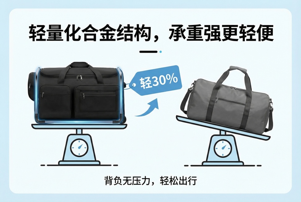 电商卖点详情图，画面展示包和普通包的重量对比，包旁标注"轻30%"，上方配大字号文字卖点"轻量化合金结构，承重强更轻便"，下方小字"背负无压力，轻松出行"，使用现代无衬线字体，主色调为黑色和浅蓝，画面预览效果