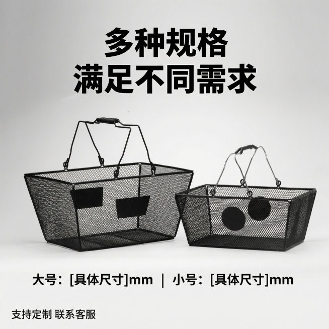 [主图 5] 规格尺寸与多规格展示
[氛围/风格] 简约工业风，清晰直观
[画面元素] 将大小两款金属购物篮并排展示，对比呈现不同规格，保持产品外观和用户上传参考图一致，背景浅灰色干净整洁，无边框满铺预览效果