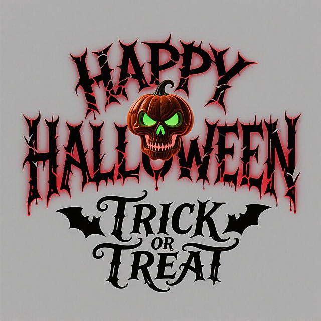 哥特式风格的万圣节标题设计，"HAPPY HALLOWEEN"以尖锐、扭曲的黑色哥特式字体呈现，字母边缘带有破损和尖刺装饰，内部填充深红色渐变，仿佛凝固的血液；中间的南瓜头图标改为雕刻精细的骷髅南瓜，眼窝和嘴巴透出幽幽绿光；下方"TRICK OR TREAT"采用手写式哥特字体，字尾带有飘逸的黑色蝙蝠翅膀装饰，整体文字组合在纯黑色的纯色背景上，边缘有暗红色的发光效果，营造出神秘、诡异又华丽的哥特式万圣节氛围。