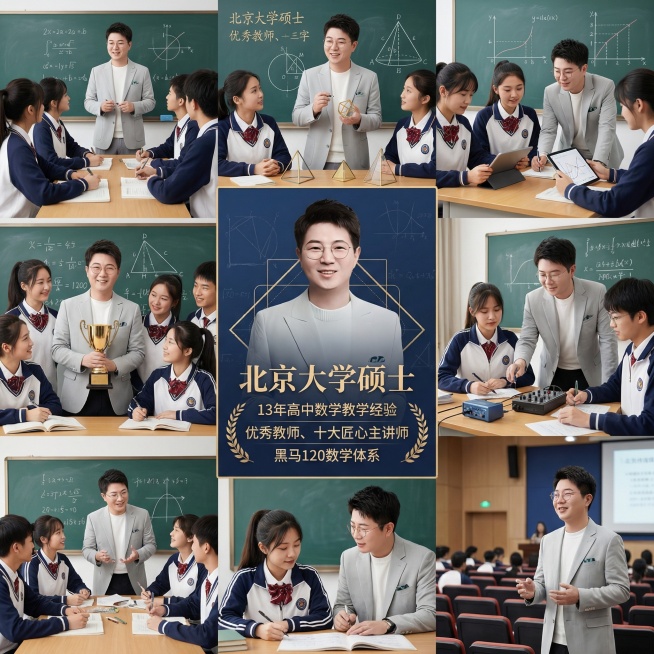 帮我生成关于高中数学的九宫格图片，要有老师和学生，老师的脸帮我设计成这张图片的，学生是中国人，添加文案：北京大学硕士  13年高中数学教学经验  优秀教师、十大匠心主讲师  黑马120数学体系 ，文案预览效果