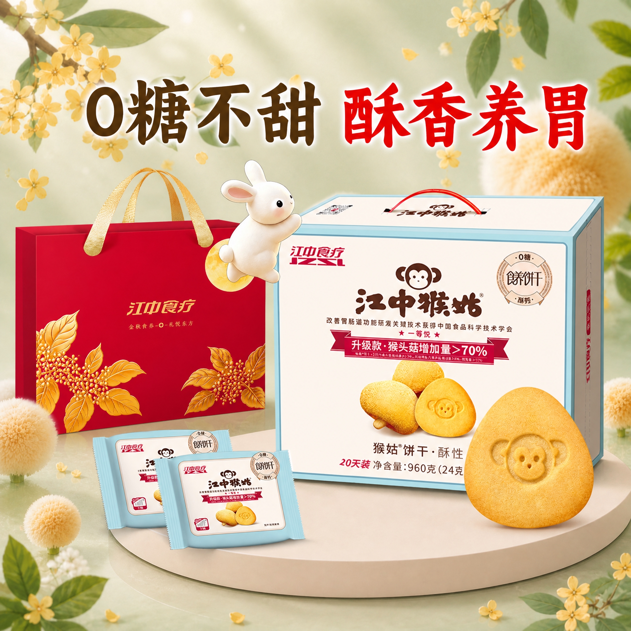 在这张江中猴姑0糖饼干的主图中，将红色的江中食疗中秋礼袋（金色… - 图片创意预览