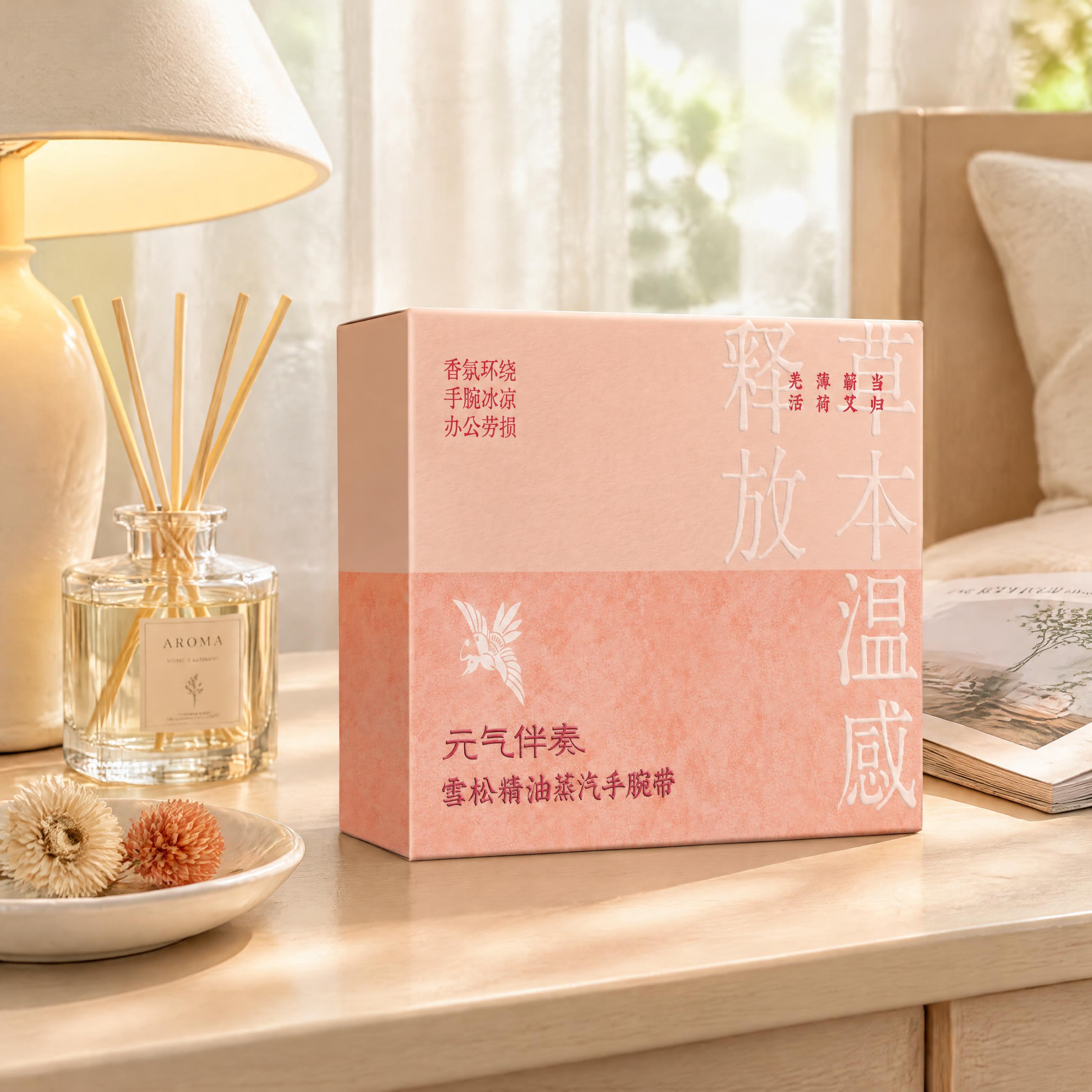 超写实商业产品摄影。 主体：元气伴奏雪松精油蒸汽手腕带产品包装… - 图片创意预览