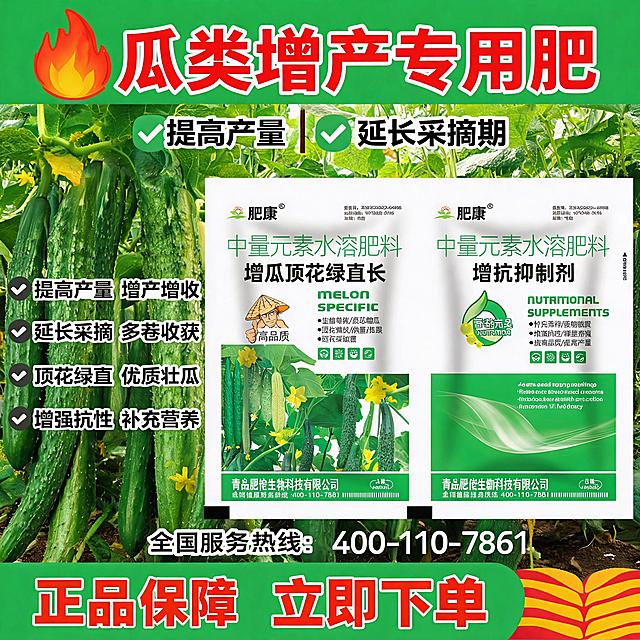 基于原图生成拼多多1:1正方形电商主图，突出产品提高产量延长采摘期核心优势，展示使用后丰收的瓜类效果，绿色丰收风格，适合拼多多推广