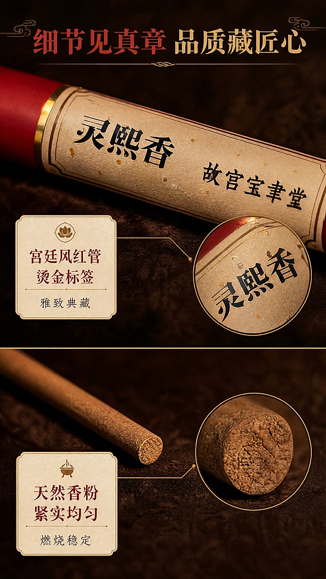 [商品] 使用【图1】红色香管与【图2】线香；保留香管正红色、金色环、米白标签及"灵熙香""故宫宝聿堂"文字，保留线香棕褐色细长形态与香粉质感；商品处理：微距放大香管标签细节与线香截面纹理，增强材质质感，清晰化文字，不改变结构颜色。
[画面] 目标：产品细节微距展示，呈现品质质感。构图：上下分屏，上半部分香管标签区域微距特写，展示做旧宣纸标签纹理与书法字体细节；下半部分线香截面与香粉质感微距，可见天然香粉颗粒与紧密压制纹理；旁边点缀放大镜效果圆圈突出细节；背景为深棕色绒布质感；产品占画面约70%。
[视觉] 套系策略：风格=东方宫廷雅致国风商业摄影；标题字=宋体衬线粗体（书法感）；正文字=简洁宋体；主色=故宫红+深木棕；背景延展=基于深木棕做深浅层级、同色渐变和细腻木纹/宣纸质感；强调色=烫金色，仅用于小面积图标、引线、标签和装饰线条；标题色=故宫红/烫金；正文色=深棕灰；组件=圆角米白宣纸信息卡、细金线引线、祥云纹样点缀；光影=左前侧暖柔光，侧逆光勾勒轮廓，营造静谧禅意。
[文字] 上方主标题"细节见真章 品质藏匠心"，配2个细节说明"宫廷风红管 烫金标签 雅致典藏""天然香粉 紧实均匀 燃烧稳定"；文字位于画面上下边缘留白处，横向排版，不遮挡细节主体。
[规格] 图片比例9:16竖版，4K分辨率，避免变形、错字、文字过小、冷蓝/蓝灰背景、标签文字错乱、香粉颗粒虚假夸张。