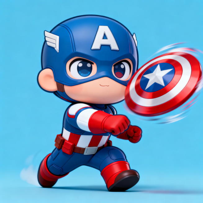 Q版美国队长，萌趣可爱风格，身形圆润，大眼睛充满动感，身着经典蓝白红战衣、头戴带A标识头盔，做出扔出星条盾牌的动作，盾牌带有运动动态效果，整体活泼有张力，背景为纯色预览效果