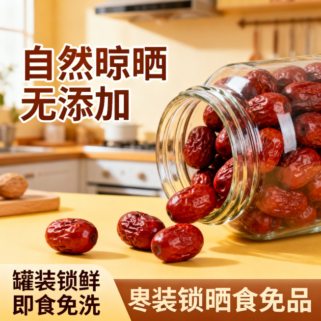 电商主图，玻璃罐装满红枣，罐口敞开几颗红枣滚落出来，背景是暖调厨房场景，左侧用艺术字体写"自然晾晒 无添加"，底部标注"罐装锁鲜 即食免洗"，营造健康天然的产品氛围预览效果
