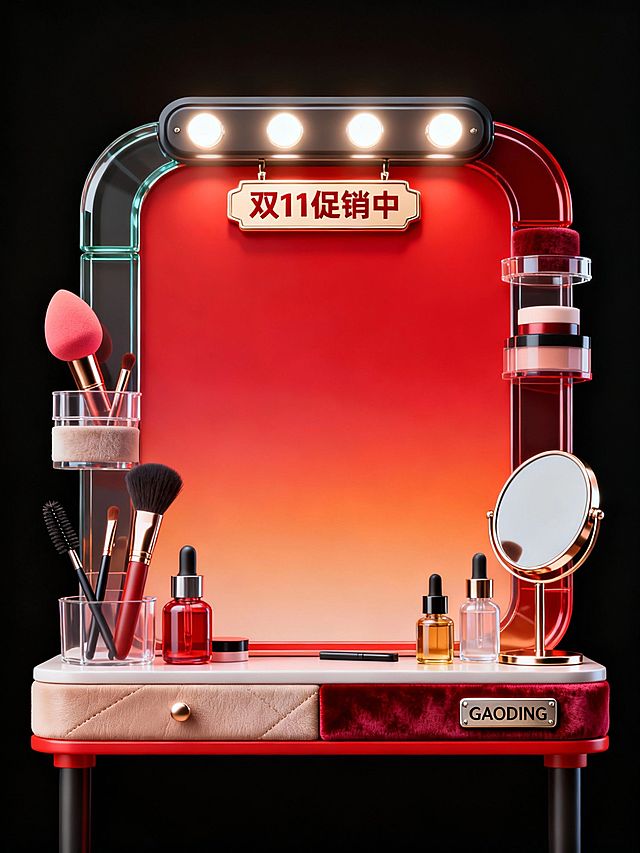 3D风格边框，风格简约创意且充满红色促销感，3D立体感鲜明。边框以化妆台轮廓为主创意。环绕的收纳中放有美妆蛋、睫毛刷、精华液、精油瓶、化妆镜等元素，大小对比错落有致、层次鲜明；最上方有化妆灯照明，照亮下方的“双11促销中”文字铭牌；边框环绕材质：不同颜色的透明玻璃、金属、丝绒、皮质纹理融合衔接，右下角标有 “GAODING” 金属铭牌；标题框架内为绯红到红橙的时尚渐变色彩，框架外背景为纯黑色，模拟真实的光影效果。