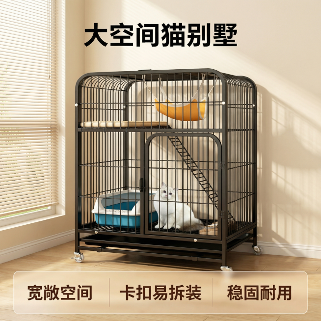 [主图 1] 猫笼子大空间展示首图
[氛围风格] 温馨舒适家居治愈风，暖调自然光，慵懒生活感
[画面元素] 商业摄影质感，光线柔和通透，产品清晰真实，画面干净高级。保持产品猫笼子外观与参考图一致，放置预览效果