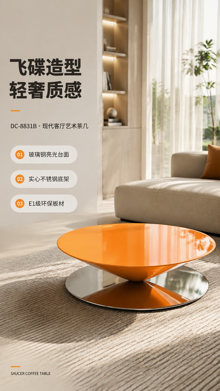 [商品] 使用【图1】左侧橙色款飞碟茶几；保留飞碟造型轮廓、玻… - 图片创意预览